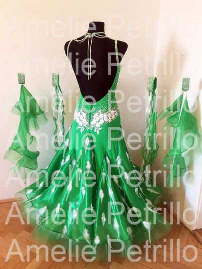 緑ｘ白スタンダードドレスST125 | 社交ダンスドレス衣装販売 Amelie 